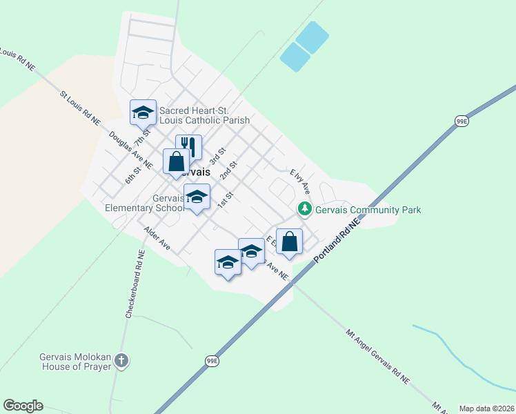 map of restaurants, bars, coffee shops, grocery stores, and more near 147 East Fir Drive in Gervais