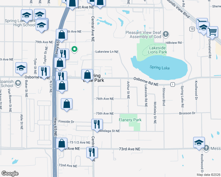 map of restaurants, bars, coffee shops, grocery stores, and more near 1402 Meadowmoor Drive Northeast in Fridley