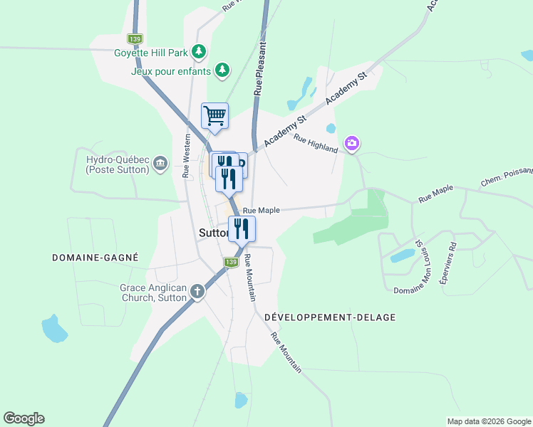map of restaurants, bars, coffee shops, grocery stores, and more near 15 Rue Maple in Sutton