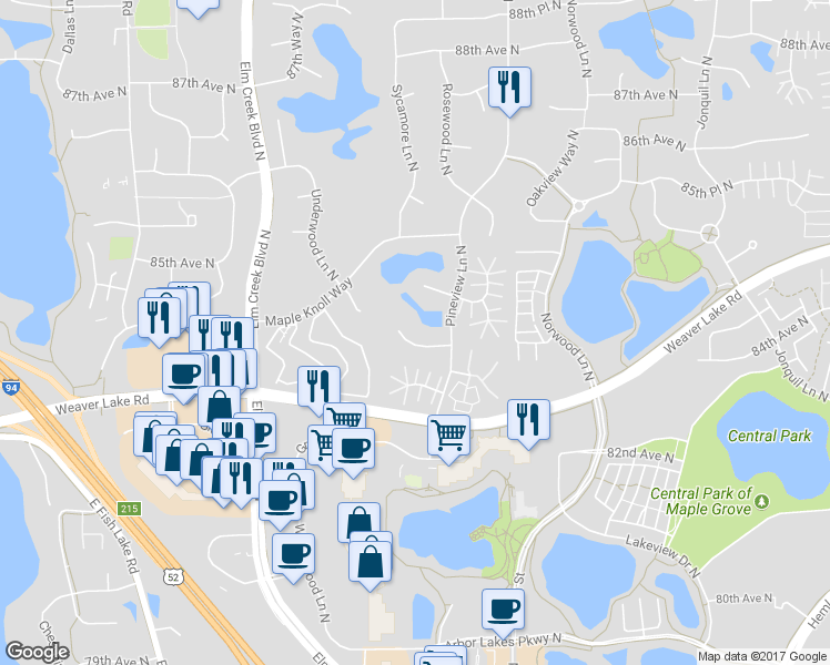 map of restaurants, bars, coffee shops, grocery stores, and more near 13024 83rd Avenue North in Maple Grove