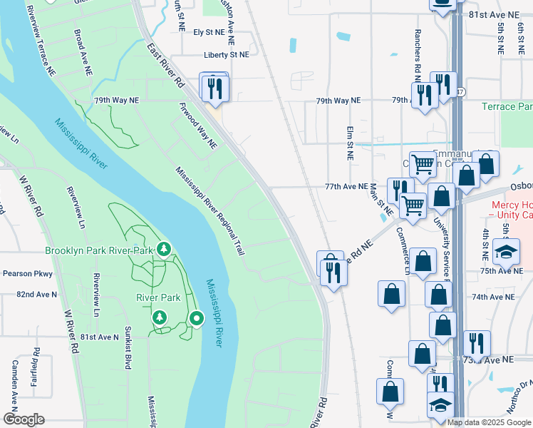 map of restaurants, bars, coffee shops, grocery stores, and more near 90 Craig Way Northeast in Fridley