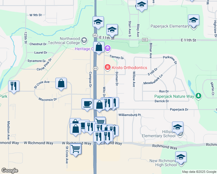map of restaurants, bars, coffee shops, grocery stores, and more near 1397 Doman Drive in New Richmond