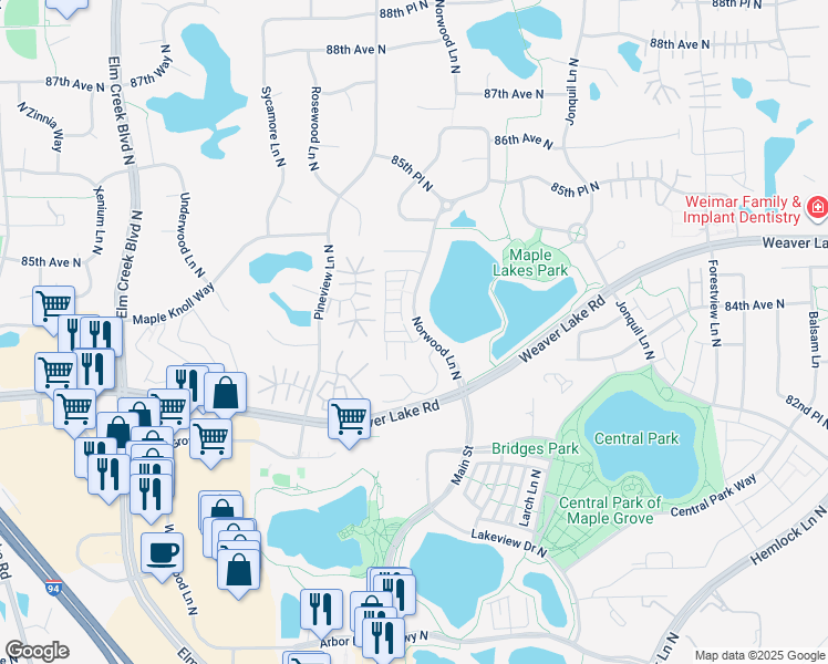 map of restaurants, bars, coffee shops, grocery stores, and more near 8307 Norwood Lane North in Maple Grove