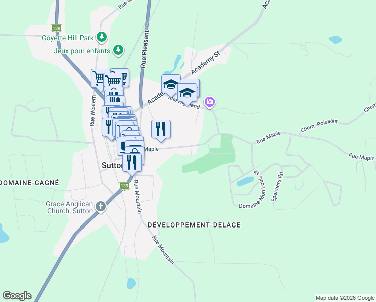 map of restaurants, bars, coffee shops, grocery stores, and more near 29 Rue Maple in Sutton