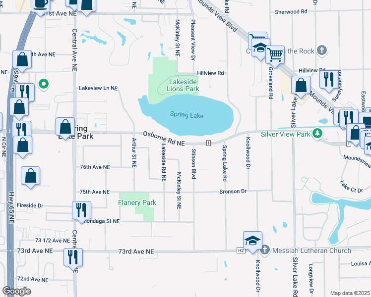 map of restaurants, bars, coffee shops, grocery stores, and more near 1670 Osborne Road Northeast in Fridley