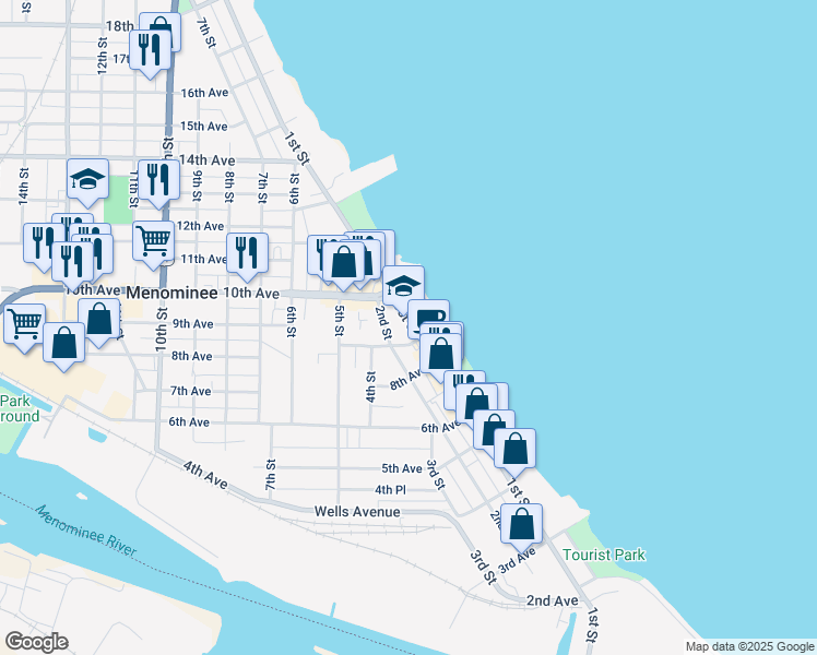 map of restaurants, bars, coffee shops, grocery stores, and more near 927 1st Street in Menominee