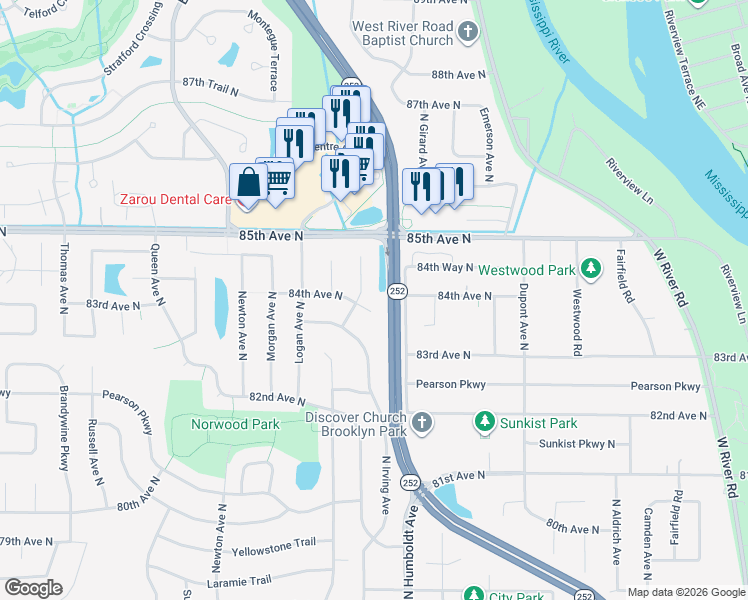 map of restaurants, bars, coffee shops, grocery stores, and more near 1508 84th Avenue North in Minneapolis
