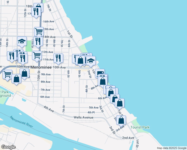 map of restaurants, bars, coffee shops, grocery stores, and more near 909 1st Street in Menominee