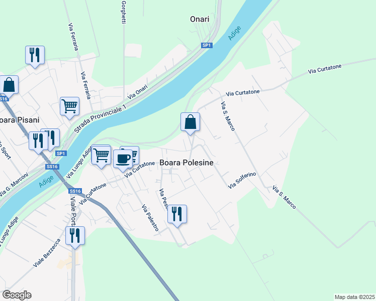 map of restaurants, bars, coffee shops, grocery stores, and more near Via Curtatone in Rovigo