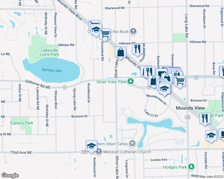 map of restaurants, bars, coffee shops, grocery stores, and more near 7656 Silver Lake Road in Mounds View