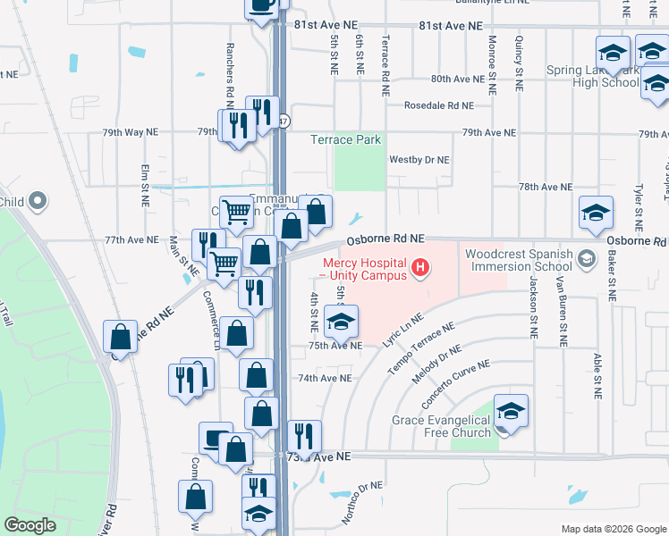 map of restaurants, bars, coffee shops, grocery stores, and more near 7574 5th Street Northeast in Fridley