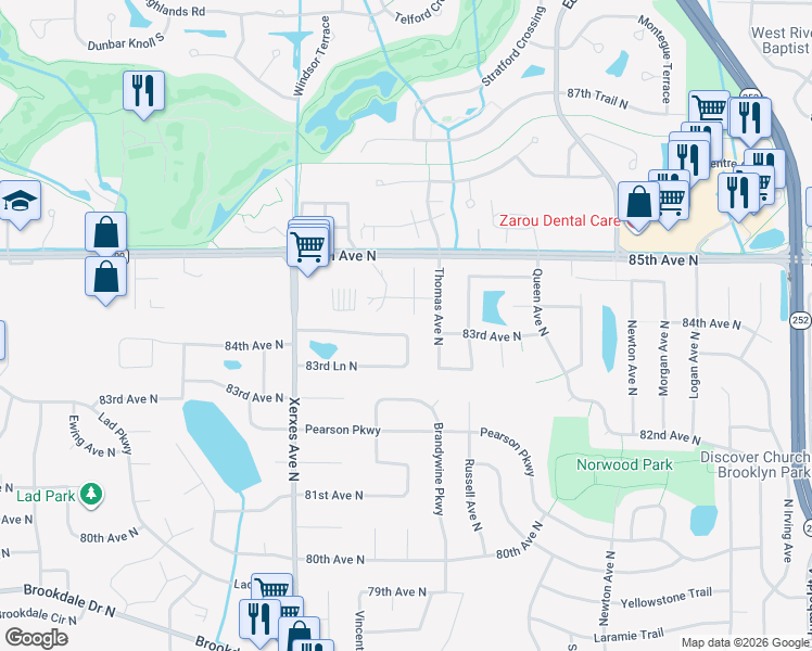 map of restaurants, bars, coffee shops, grocery stores, and more near 8338 Upton Avenue North in Brooklyn Park