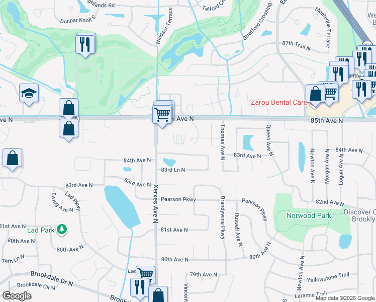 map of restaurants, bars, coffee shops, grocery stores, and more near 2801 84th Avenue North in Minneapolis