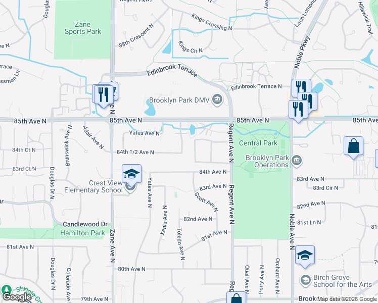map of restaurants, bars, coffee shops, grocery stores, and more near 8402 Toledo Avenue North in Minneapolis