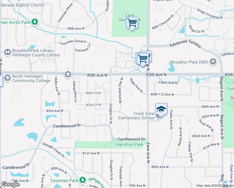 map of restaurants, bars, coffee shops, grocery stores, and more near 8320 Douglas Drive North in Minneapolis