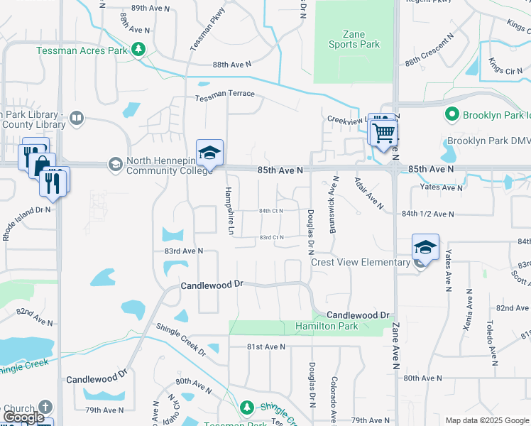 map of restaurants, bars, coffee shops, grocery stores, and more near 6521 84th Court North in Minneapolis