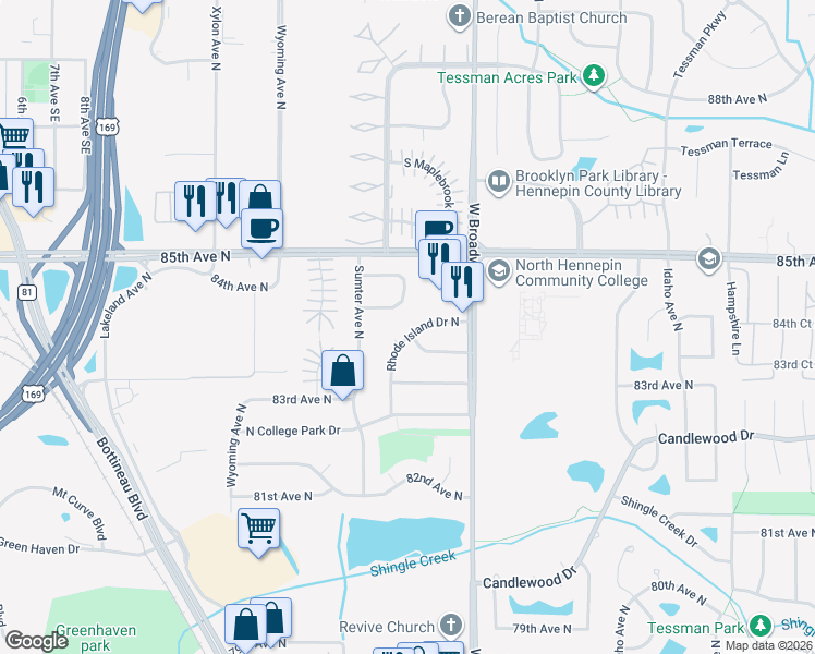 map of restaurants, bars, coffee shops, grocery stores, and more near 8332 Rhode Island Drive North in Minneapolis