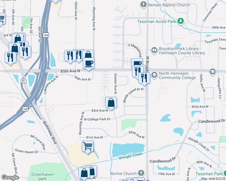 map of restaurants, bars, coffee shops, grocery stores, and more near 8332 Sumter Avenue North in Minneapolis