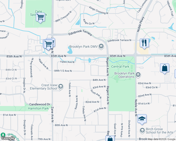 map of restaurants, bars, coffee shops, grocery stores, and more near 8402 Toledo Avenue North in Minneapolis