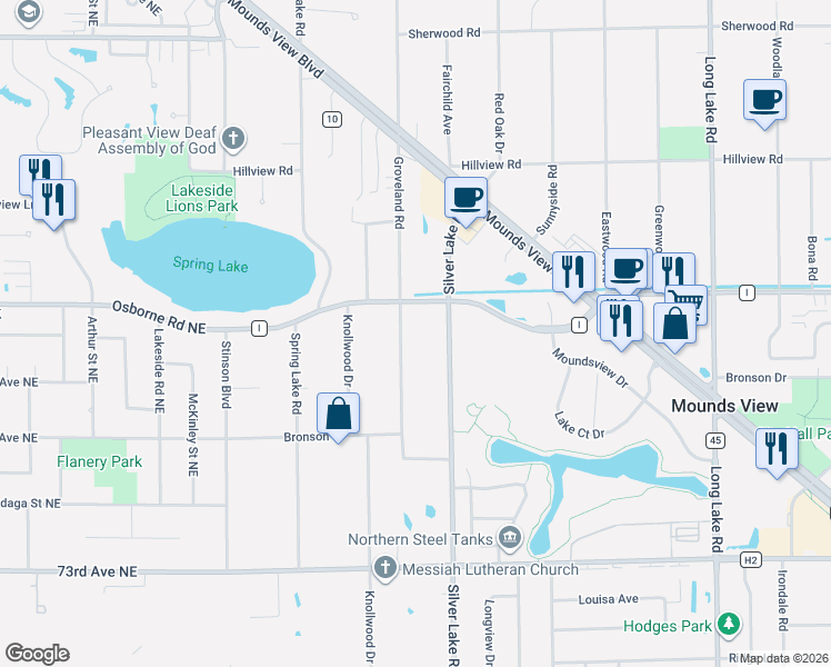 map of restaurants, bars, coffee shops, grocery stores, and more near 7635 Groveland Road in Mounds View