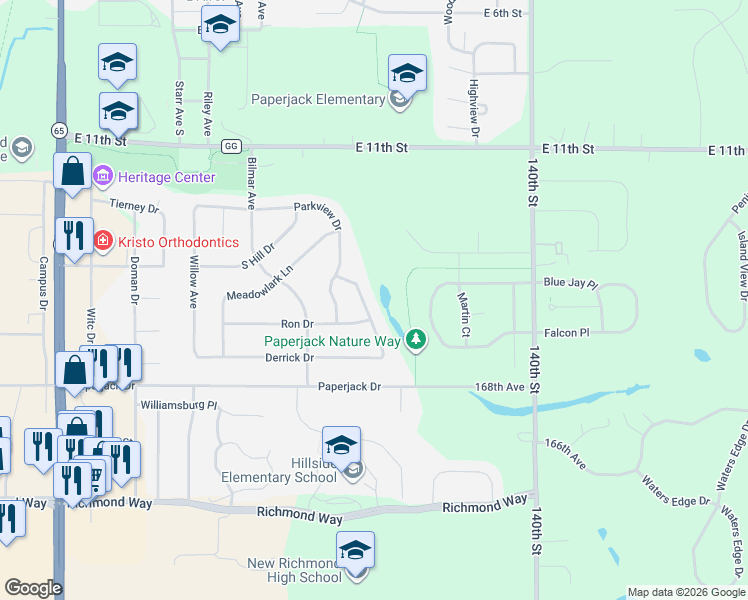 map of restaurants, bars, coffee shops, grocery stores, and more near 1403 Valley Creek Drive in New Richmond