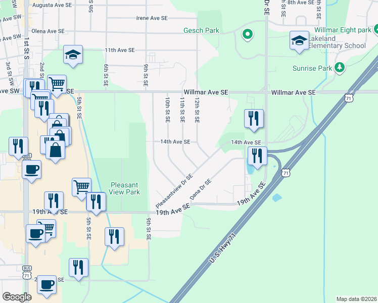 map of restaurants, bars, coffee shops, grocery stores, and more near 1500 11th Street Southeast in Willmar