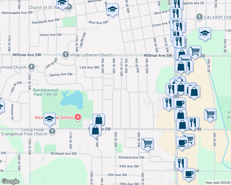 map of restaurants, bars, coffee shops, grocery stores, and more near 1512 7 1/2 Street Southwest in Willmar