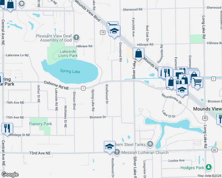 map of restaurants, bars, coffee shops, grocery stores, and more near 7634 Groveland Road in Mounds View