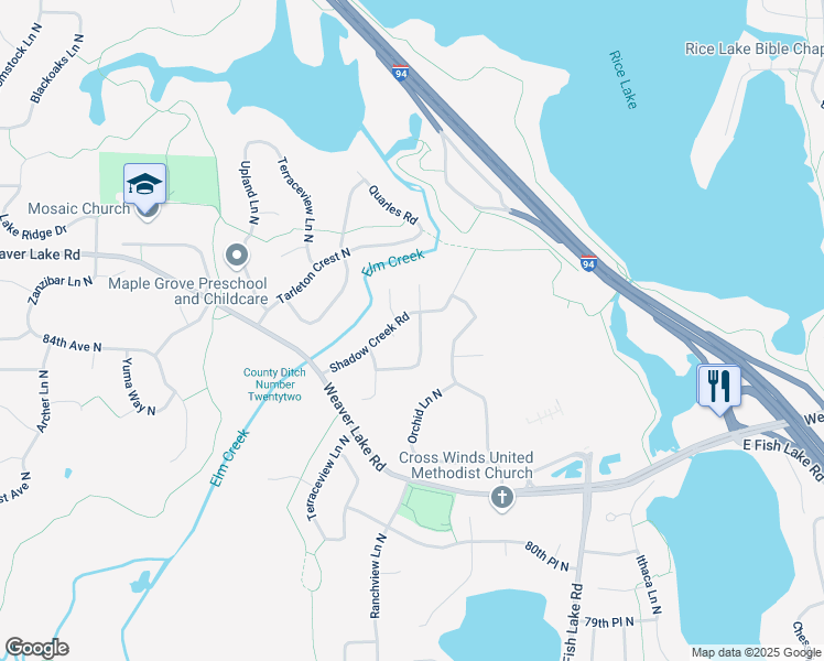 map of restaurants, bars, coffee shops, grocery stores, and more near 8371 Passfield Turn in Osseo