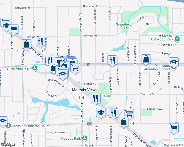 map of restaurants, bars, coffee shops, grocery stores, and more near 7660 Woodlawn Drive in Mounds View