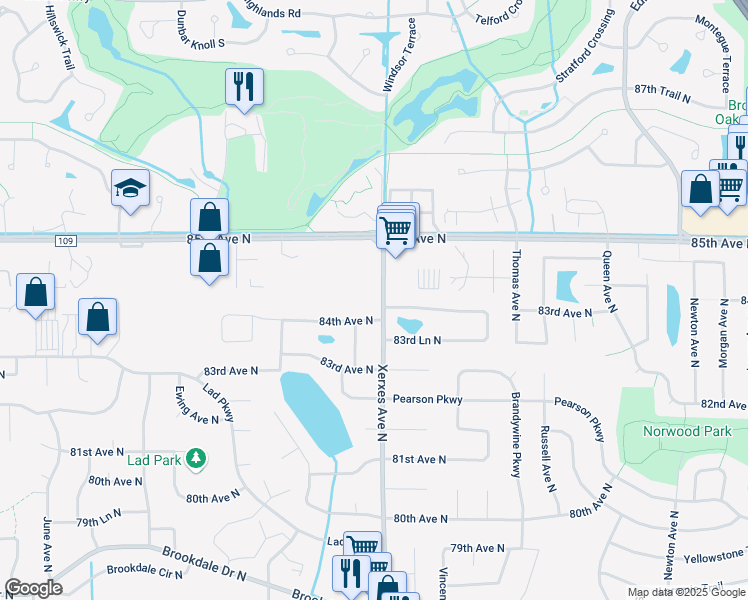 map of restaurants, bars, coffee shops, grocery stores, and more near in Brooklyn Park
