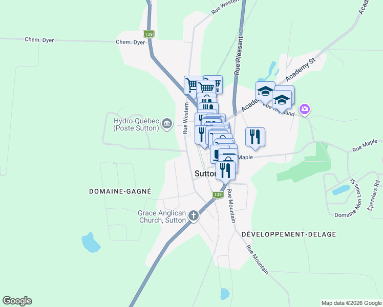 map of restaurants, bars, coffee shops, grocery stores, and more near 31 Rue Western in Sutton