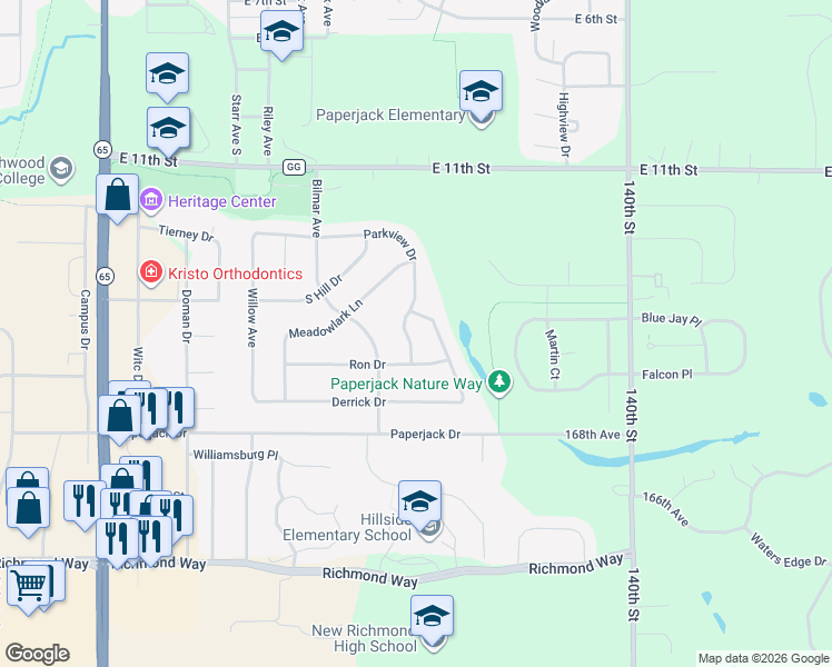 map of restaurants, bars, coffee shops, grocery stores, and more near 753 Ron Drive in New Richmond