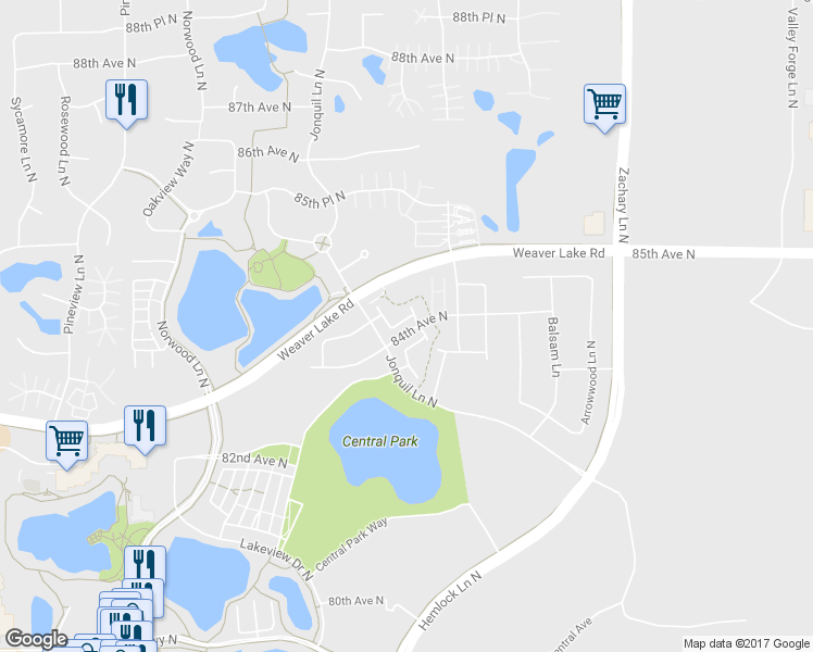 map of restaurants, bars, coffee shops, grocery stores, and more near 11849 83rd Terrace North in Maple Grove