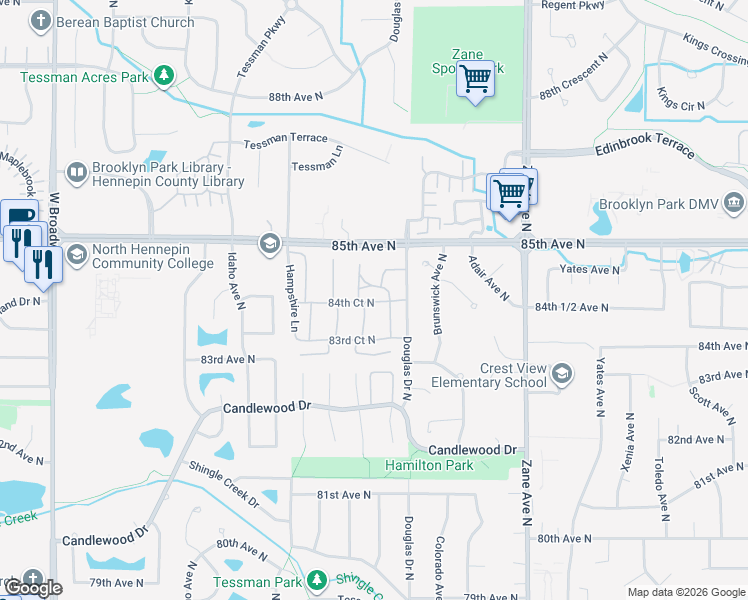 map of restaurants, bars, coffee shops, grocery stores, and more near 6418 83rd Court North in Minneapolis