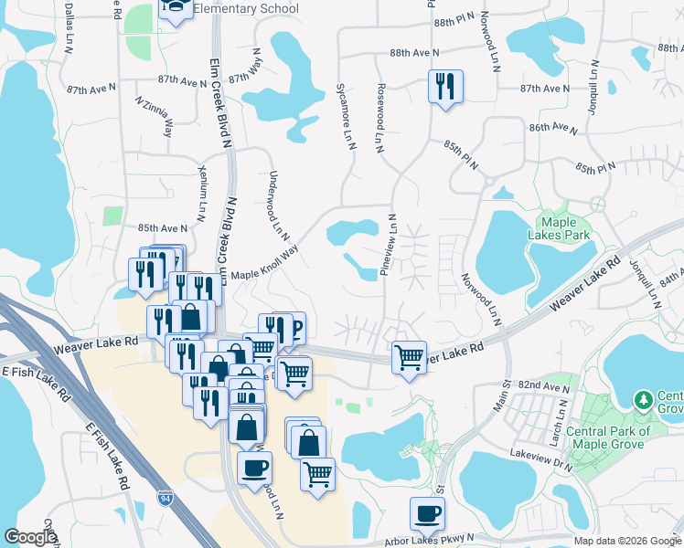 map of restaurants, bars, coffee shops, grocery stores, and more near 13024 83rd Avenue North in Maple Grove