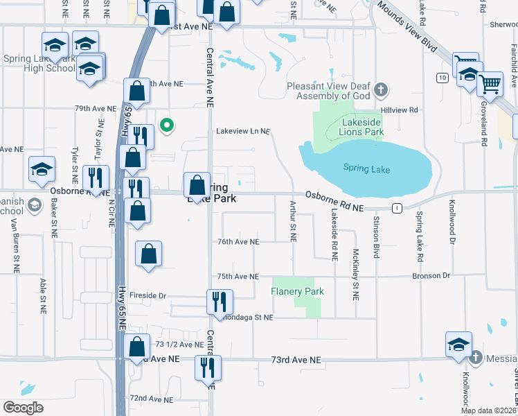 map of restaurants, bars, coffee shops, grocery stores, and more near 1402 Meadowmoor Drive Northeast in Fridley
