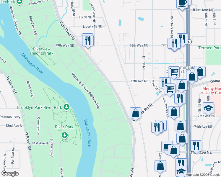 map of restaurants, bars, coffee shops, grocery stores, and more near 90 Craig Way Northeast in Fridley