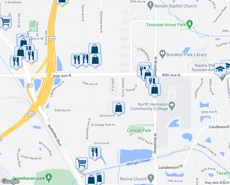map of restaurants, bars, coffee shops, grocery stores, and more near 7847 85th Ct N in Brooklyn Park