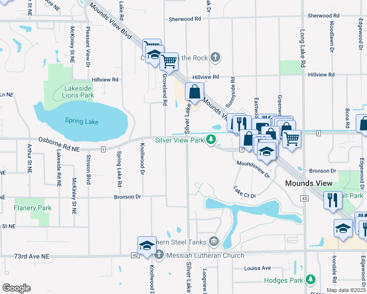 map of restaurants, bars, coffee shops, grocery stores, and more near 7656 Silver Lake Road in Mounds View
