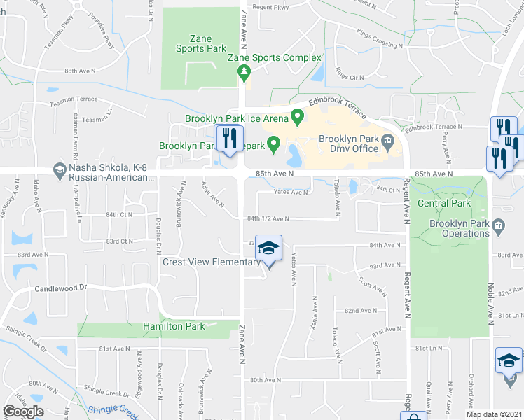 map of restaurants, bars, coffee shops, grocery stores, and more near 5803 84th 1/2 Avenue North in Minneapolis