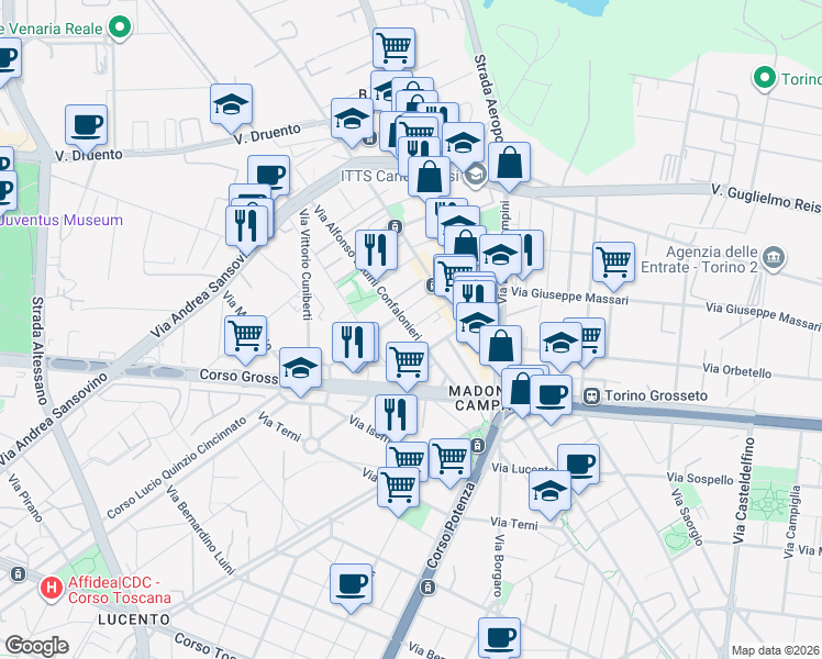 map of restaurants, bars, coffee shops, grocery stores, and more near 38 Via Alfonso Badini Confalonieri in Torino