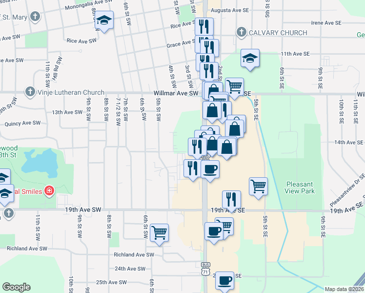 map of restaurants, bars, coffee shops, grocery stores, and more near 400 15th Avenue Southwest in Willmar