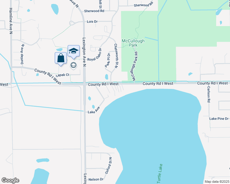 map of restaurants, bars, coffee shops, grocery stores, and more near 1014 County Road I in Shoreview
