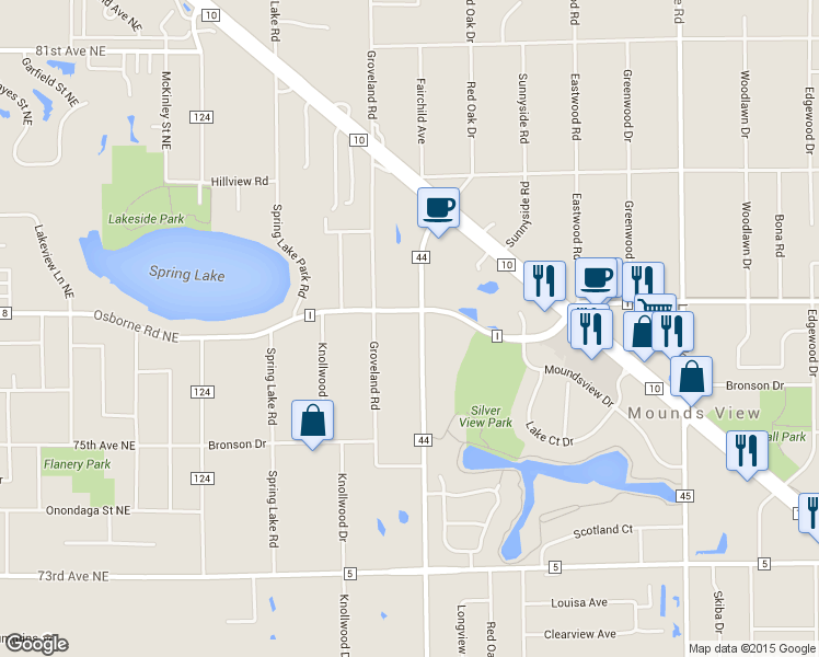 map of restaurants, bars, coffee shops, grocery stores, and more near in Mounds View