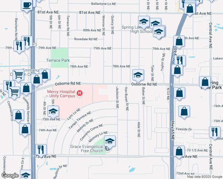 map of restaurants, bars, coffee shops, grocery stores, and more near in Spring Lake Park