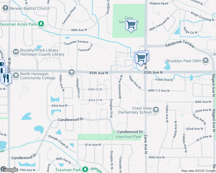 map of restaurants, bars, coffee shops, grocery stores, and more near 8423 Brunswick Avenue North in Minneapolis