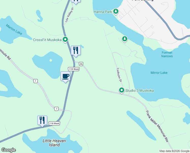 map of restaurants, bars, coffee shops, grocery stores, and more near 1037 Foreman Road in Port Carling