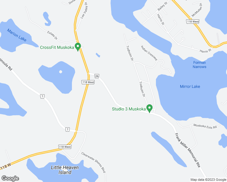 map of restaurants, bars, coffee shops, grocery stores, and more near 1037 Foreman Road in Port Carling