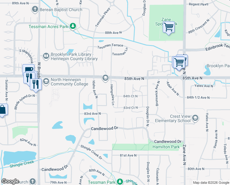 map of restaurants, bars, coffee shops, grocery stores, and more near 6670 84th Court North in Minneapolis